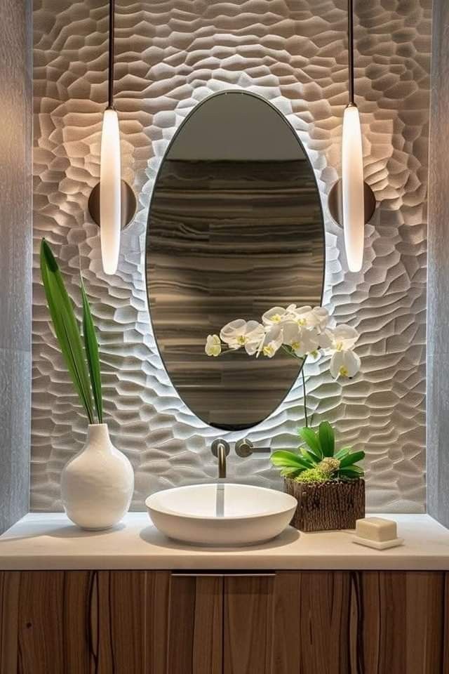 Frameless Round Mirror in a Bathroom